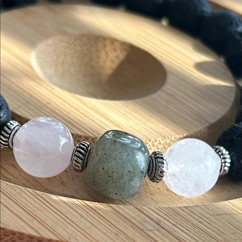 Handmade Labradorite + Rose Quartz Lava Bead Bracelet *